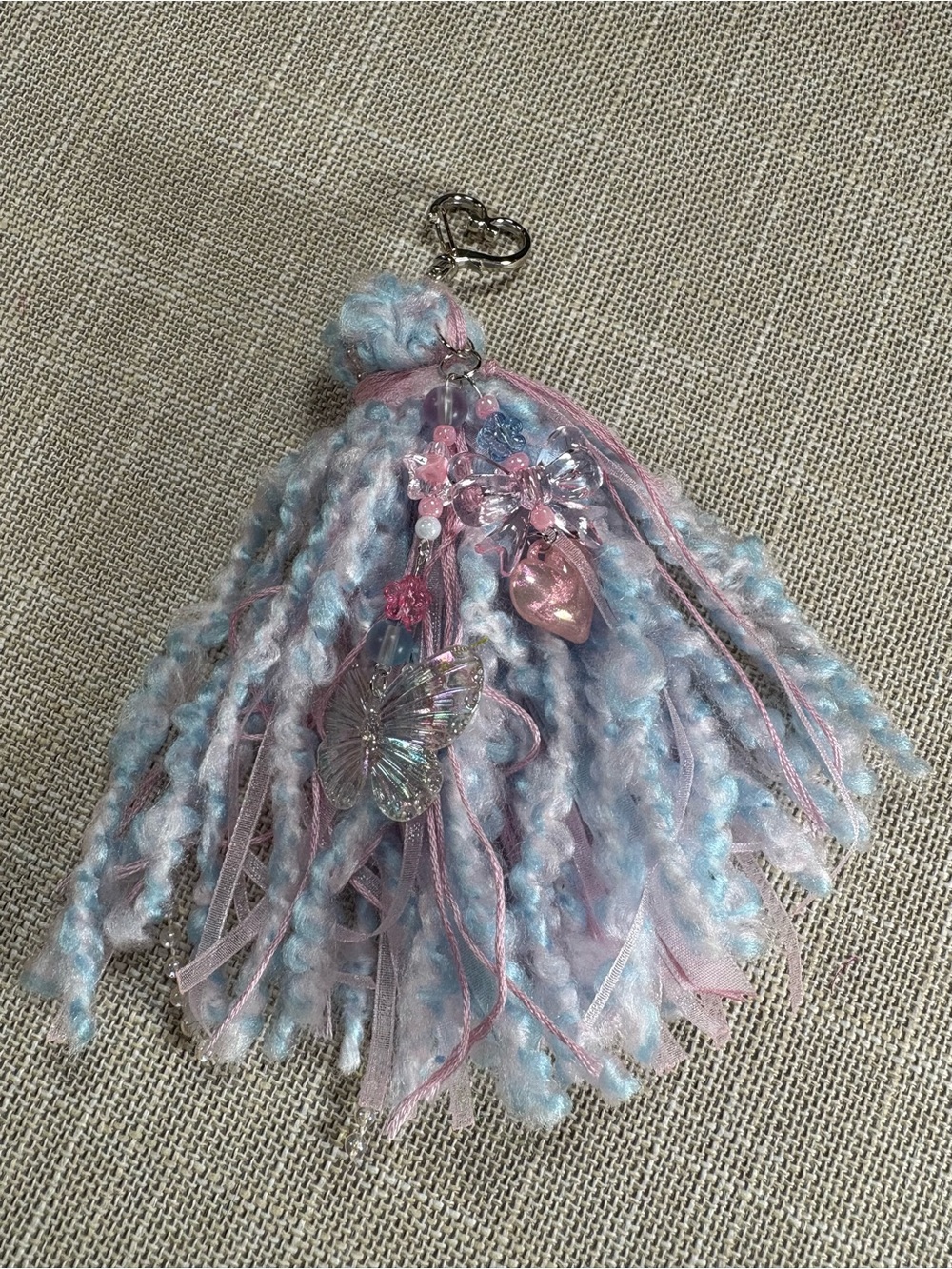 Hand Crafted Pastel Blue & Pink Tassel Keychain with Butterfly & Heart Charms - Picture 3 of 10